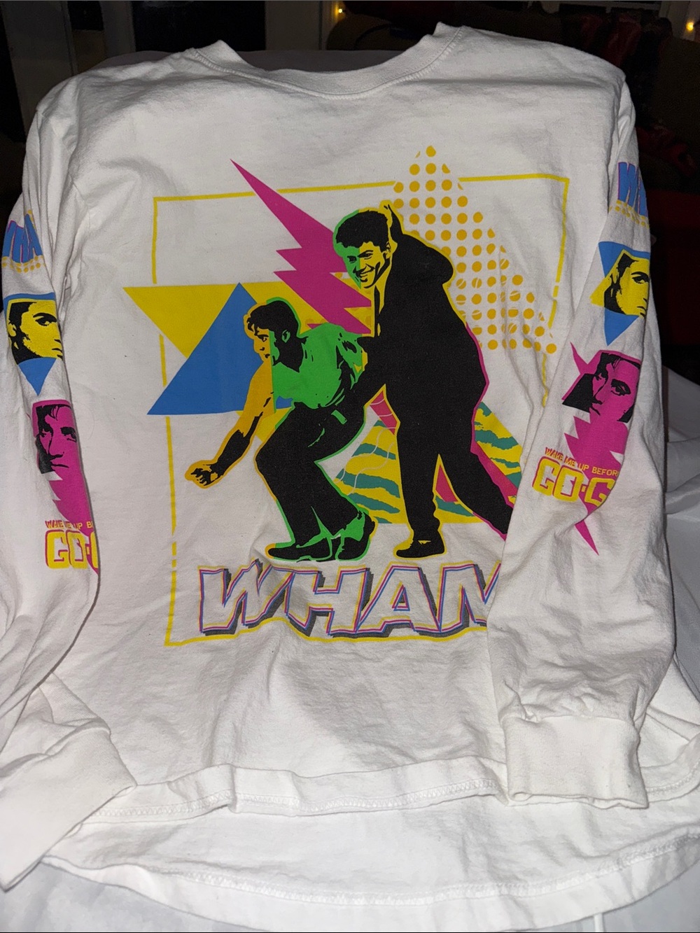 Retro Graphic Wham! White Long-Sleeve Shirt - Band Logo- size medium